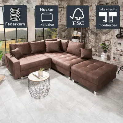 Produktbild von riess-ambiente Moderne Wohnlandschaft KENT 220cm braun Federkern inkl. Hocker und Kissen Sofa Couch Ecksofa  Eckcouch