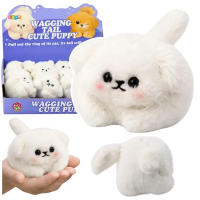 Produktbild von Weißer Plüschhund mit wedelndem Schwanz und quietschenden Geräuschen, Schlüsselanhänger, 9 cm