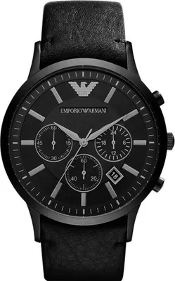 A close-up, front-facing studio shot of a black Emporio Armani chronograph watch.