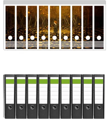 Produktbild von Wallario 9 Stück breite Ordner inkl. Klebeetiketten mit Motive Goldener Wald -  Set mit Rückenschildern / Ordnerrücken Stickern