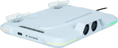 A white charging station with cooling fans for a gaming console.