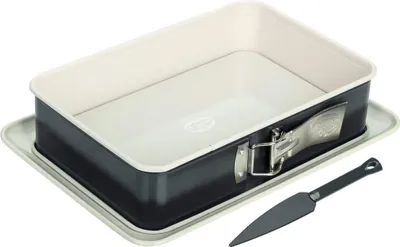 Produktbild von Dr. Oetker Rechteck-Springform mit Kuchenlöser EXCLUSIVE, Backform mit schnitt- & kratzfestem Flachboden mit Emaille-Versiegelung, eckige Kuchenform mit Ring aus Stahlblech (Farbe: Grau-Braun/Crème) Menge: 1 Stück