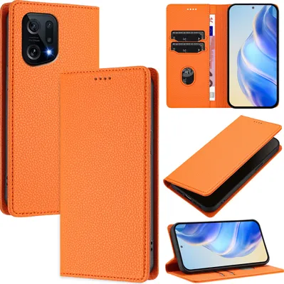 Produktbild von Litchi Leder Handyhülle für Oppo Find X5 Wallet Kartenfächer Standfunktion Hülle Orange