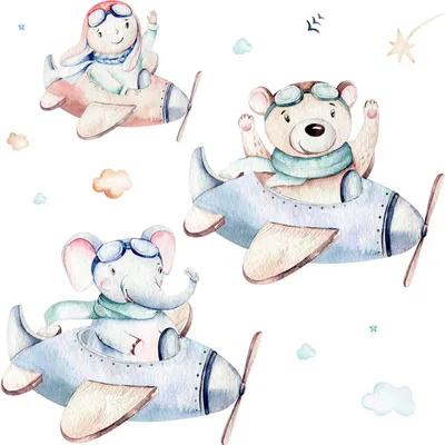 Produktbild von Wandaufkleber Kinderzimmer – Wandsticker für Baby & Kinder – Selbstklebende Wanddekoration – Abnehmbar ohne Rückstände – Deko für Mädchen & Jungen - Pastellfarbene Flugzeuge mit einem Teddybären, einem Elefanten und einem Jungen60x92 cm