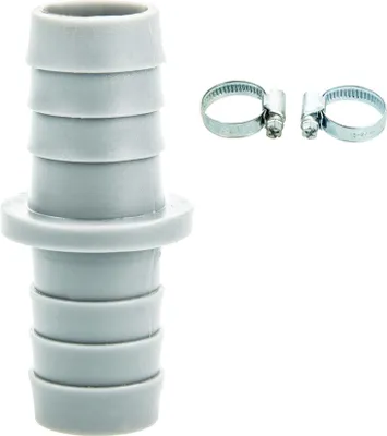 A gray plastic hose connector and two silver hose clamps on a white background.