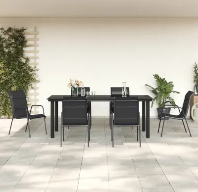 Zdjęcie produktu dla Maison Exclusive – 7-częściowy zestaw ogrodowy do jadalni, czarna stal i tekstilena