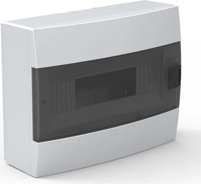 A white electrical distribution box with a smoked gray transparent cover.