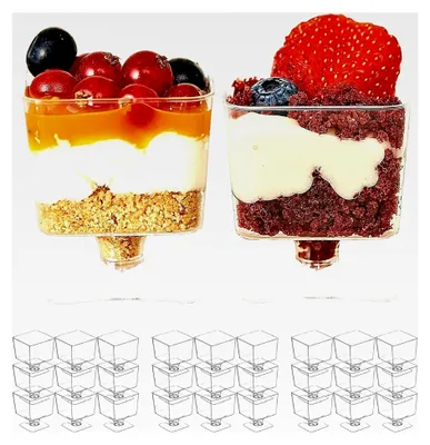Produktbild von 100 Mini Plastik Dessertschalen, Dessertgläser mit Fuß für Partys, 60 ml - Kleine Dessertbecher, Plastikbecher Nachspeise