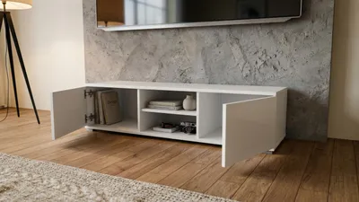 Produktbild von TV Lowboard 120 cm Weiß Glanz Hochglanz RTV Schrank Fernsehtisch mit Türen TV Möbel modern Wohnzimmer