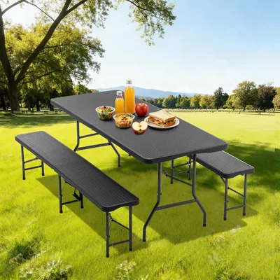 Produktbild von Campingtisch mit 2 Bänken - Klappbares 3-teiliges Set - 183 cm - Kunststoffgestell - Braun