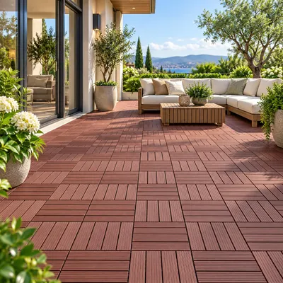 Produktbild von 44 Stück PP-Terrassenfliesen 30x30x2 cm, 4 m², Klickfliesen mit geraden Lamellen, Drainage, rutschhemmend & wetterfest, für Balkon & Terrasse, Braun