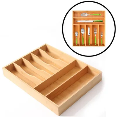 Productafbeelding van Decopatent® Bestekbak voor keukenla met 7 Vakken - Bestek organizer - Bestekla - Hoogwaardig Bamboe Hout - Bestekcassette 43x33x5.8 Cm.