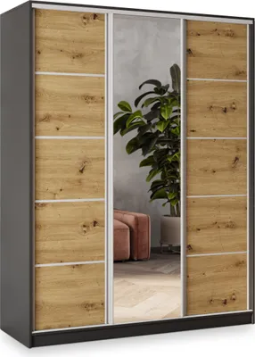 Produktbild von Masseno Schiebetürenschrank NATA 150/205/58 cm Kleiderschrank mit 4 Schubladen Schlafzimmer Schrank 3-türig mit Spiegel Schwarz / Eiche Artisan