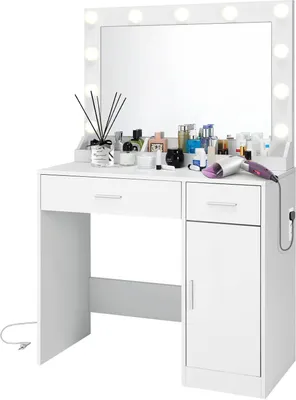 Image de Coiffeuse, avec prises électriques, 92 x 40 x 145 cm, coiffeuse avec miroir, 2 tiroirs et 1 armoire, luminosité réglable, blanc