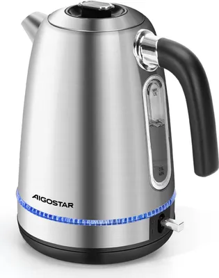 Produktbild von Wasserkocher Edelstahl 1,7L 2200W mit Blauer LED-Beleuchtung, Kalkfilter, Auto-Off, Trockenlaufschutz, Sichtbares Wasserfenster, BPA-frei
