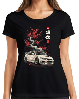 Zdjęcie produktu dla Koszulka damska "NO LAGY JDM Evolution Kirschblüte Sakura Japan Auto Y2K Drift", czarna, rozmiar L