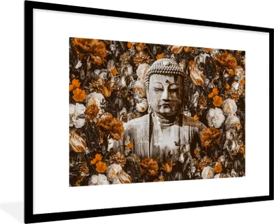 Produktbild von MuchoWow® MuchoWow® Gerahmtes Poster Buddha - Blumen - Orange 90x60 cm - Poster mit zchwarzem Bilderrahmen - Wanddekoration - Fotos