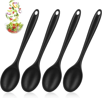 Produktbild von PromoHome® 4 Stück Silikonlöffel 20 cm schwarz – hitzebeständig und antihaftbeschichtet, für Kochen und Backen