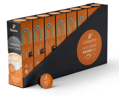 Produktbild von Tchibo Cafissimo Vorratsbox Caffè Crema vollmundig Kaffeekapseln, 80 Stück – 8x 10 Kapseln (Kaffee, ausgewogen und vollmundig), nachhaltig & fair gehandelt