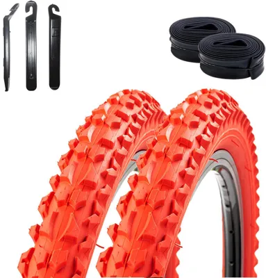 Zdjęcie produktu dla 2 opony rowerowe Roverstone, 26 x 2,125 (57-559), czerwone + 2 dętki DV, w zestawie łyżki do opon