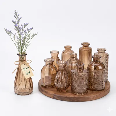 Produktbild von Relaxdays Vasen, 10er Set, strukturiert, Vintage-Design, Glas, H: 10–14,7 cm, kleine Dekovasen für Tischdeko, braun