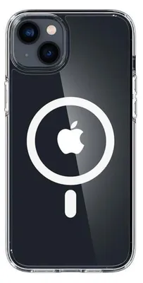 A clear protective case for an iPhone with a MagSafe charger ring and Apple logo visible.