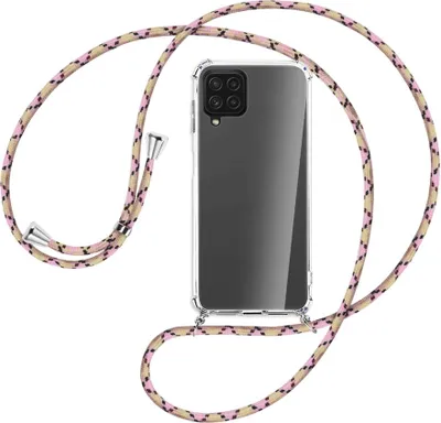 Produktbild von Handykette Backcover-Schutzhülle mit Band (Metall silberfarben) für Samsung Galaxy A22 4G (A225) - rosa Karo
