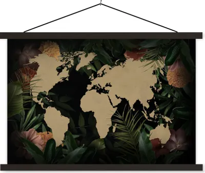 Produktbild von MuchoWow® Textilposter Weltkarte - Pflanzen - Blumen 90x60 cm mit schwarzem Rahmen - Aufhängungssatz