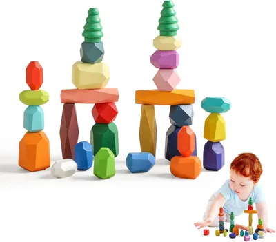 Produktbild von Montessori-Holzspielzeug: 28 Holzbausteine für Kinder, zum Stapeln, Balancieren und Bauen. Sortierbausteine aus Holz