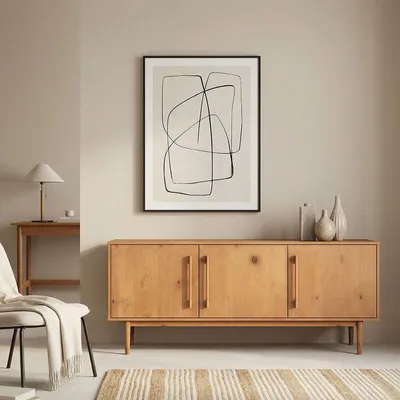 Produktbild von Sideboard TECCA mit 3 Türen aus Massivholz, Eiche farben – Wohnzimmermöbel im Mid Century-Style mit verstellbaren Einlegeböden und hohen Füßen