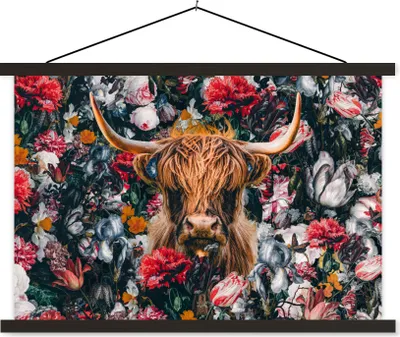 Produktbild von MuchoWow® Textilposter Schottisches Hochlandrind - Illustration - Blumen 60x40 cm mit schwarzem Rahmen - Hölzernes