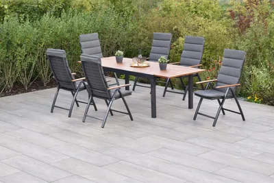 Produktbild von Merxx Gartenmöbels Set Tinos 13tlg., 6 Klappsessel inkl. Kissen, Ausziehtisch 180 (250) x 100 cm - Aluminium/Akazie