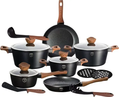 A collection of cookware items arranged on a white background.