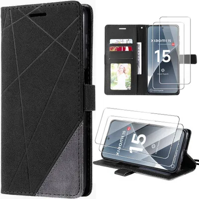 Image de Coque + 2 Verres Trempés pour Xiaomi 15, Anti-Rayures Antichoc Protection Rabat Flip Case Synthécuir Noir