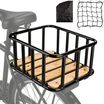 Productafbeelding van Fietsmand achter staal - Houten bodem - Met regenhoes en net