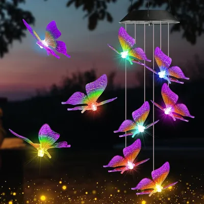 Produktbild von Schmetterling Solar Windspiel Garten 6 LED Solar Windspiel für Draußen Abdichtung Farbwechsel Geschenke für Mutter Frauen Freundin Dekorationen