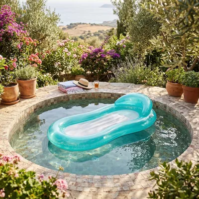 Produktbild von Abgerundete Luftmatratze mit Kopfteil und Innennetz Aufblasbar für Pool Liege Schwimmbad Poolmatratze Poolzubehör Poolliege in Grün