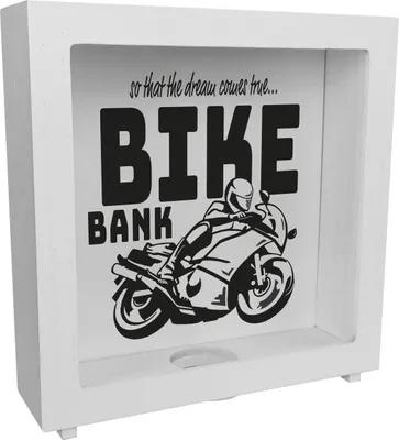 Produktbild von Bike Bank Rahmen Spardose aus Holz in schwarz zum Thema Motorradkauf und
