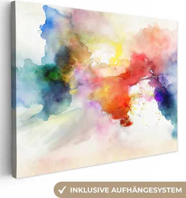 Produktbild von MuchoWow® - Leinwandbilder - Aquarell - Regenbogen - Abstrakt - Kunst - Farben, Wandbild, Wanddeko Bilder Wohnzimmer, 80x60 cm