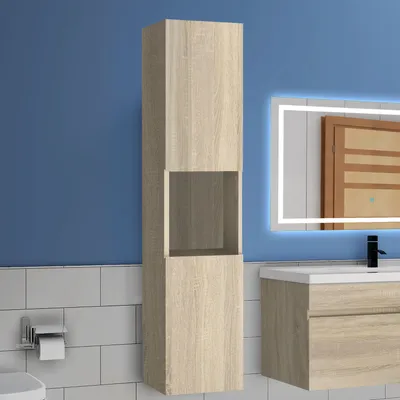 Produktbild von Badezimmerschrank Hochschrank mit verstellbare Trennwände Hängeschrank Badschrank 130 cm hoch, Eiche Matt Badregal