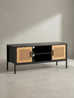 Immagine prodotto di Mobile basso nero / rovere con intreccio viennese 110x48x40 cm Mobile TV senza tempo, mobile TV di design alto, tavolino TV Mobile TV con ante, mobile TV soggiorno in rattan