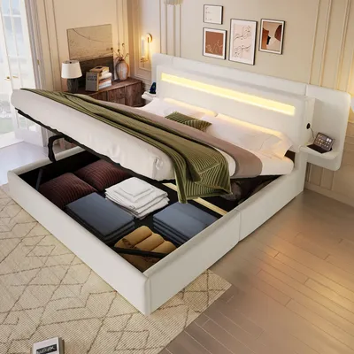 Productafbeelding van Merax gestoffeerd bed 180x200 cm, tweepersoonsbed met hydraulische opbergruimte, LED-lichtstrip, geïntegreerd nachtkastje en USB-aansluiting, laag bed, beige