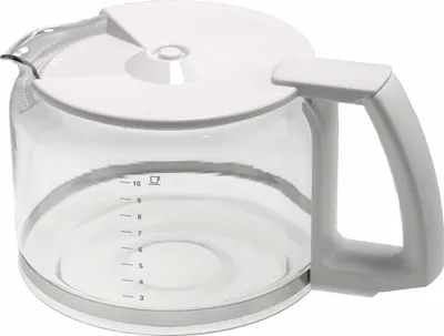 A clear glass coffee pot with a white lid and a gray handle. Measurement markings are visible on the side of the pot.