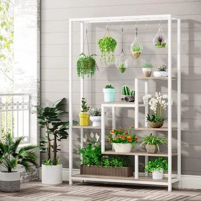 Image de Support à fleurs à 5 niveaux - Blanc - 180 cm de hauteur - Métal