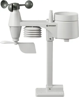 A white weather station sensor with multiple components mounted on a white pole and base, against a white background.