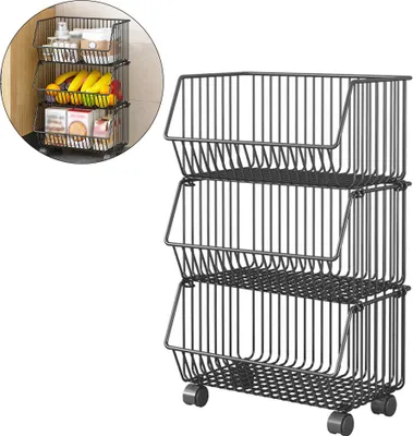 Zdjęcie produktu dla Kosz na owoce z 3 poziomami do wózka kuchennego, metalowy kosz druciany do przechowywania, kosz na przekąski z kółkami, stojak na pojemniki na ziemniaki / cebulę do kuchni, salonu, domowego biura