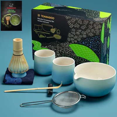 Produktbild von TEANAGOO Matcha Whisk Set 9 Stück Bambus Keramik Matcha Bowl Scoop Tee Making Kit Blue
