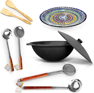 Produktbild von Kazan Gusseisen 22 L Uzbekisch Kochtopf Schaumlöffel Holzlöffel WOK Plov Lagan