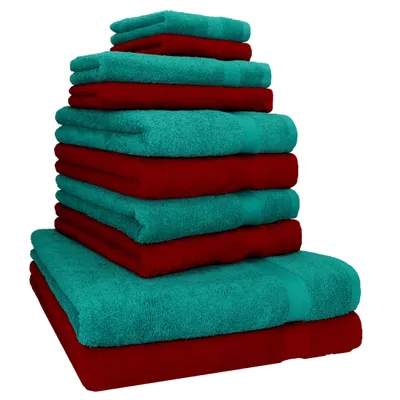 Produktbild von Betz 10-tlg. Handtuch-Set PREMIUM CLASSIC 2 Duschtücher 4 Handtücher 2 Gästetücher 2 Seiftücher  Farbe: dunkelrot & smaragdgrün