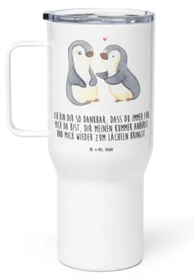 Produktbild von Mr. & Mrs. Panda thermosbecher Pinguine trösten - Weiß - Geschenk, für Frauen, Hochzeitstag, Teetasse, Freundin, Thermobecher, Autobecher, Männer, Kaffee-to-go-Becher